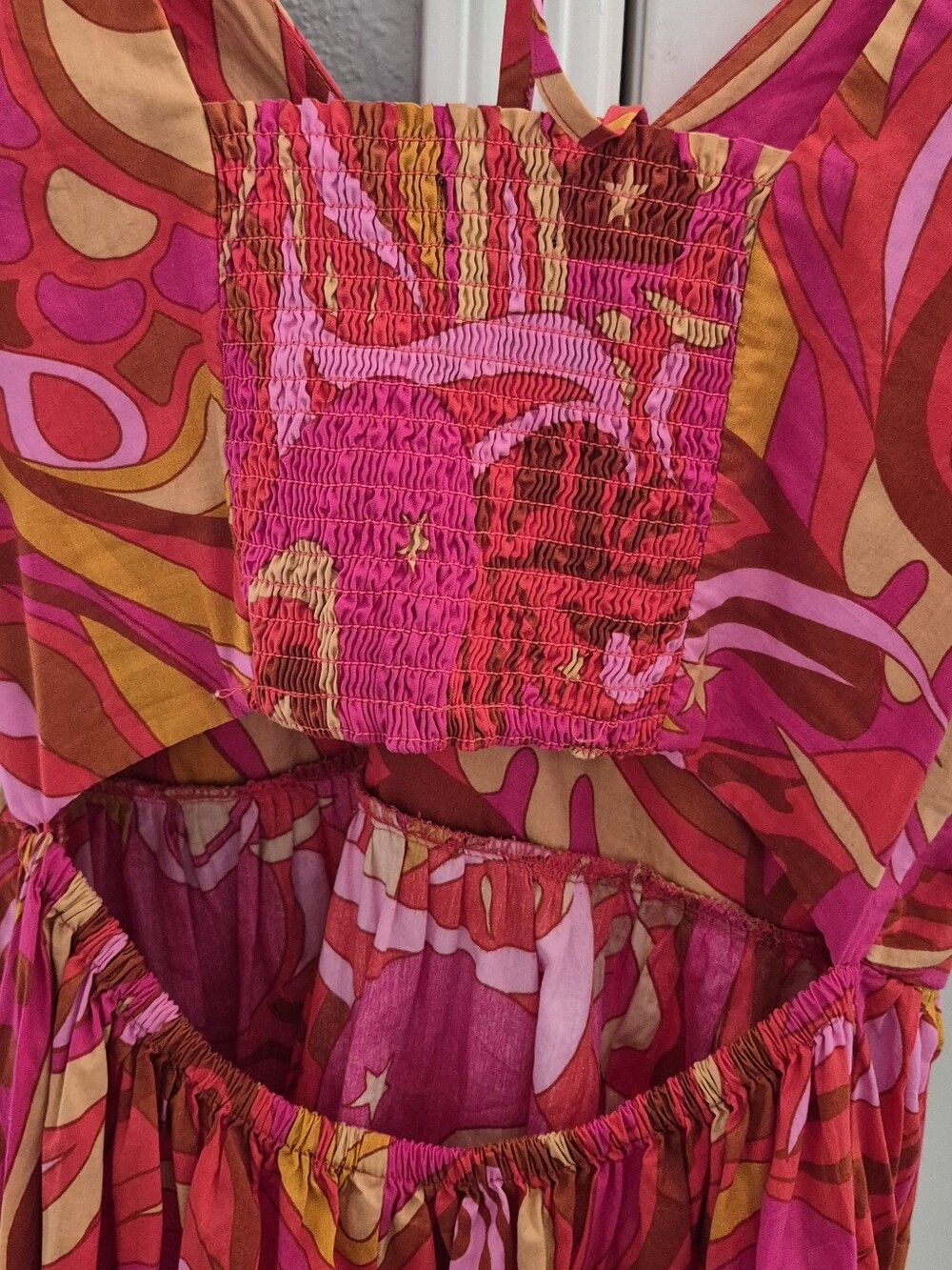 Anthropologie 1.State pink printed puff sleeve Maxi dress v-neck Smocked cut-out - Picture 7 of 9